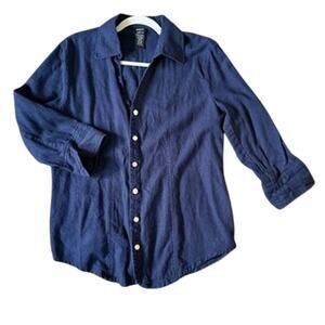 Women's Robert Louis Linen Navy Blue Button Down Sz M Utility Minimalist Neutral